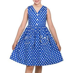Sunny Fashion Girls Dress Blue Polka Dot Pocket Pleated Summer Sleeveless Cotton(Blue Polka Dot)