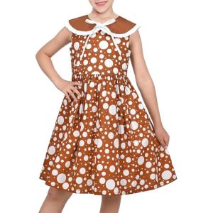 Sunny Fashion Girls Dress Blue Polka Dot Pocket Pleated Summer Sleeveless Cotton(Brown Polka Dot)