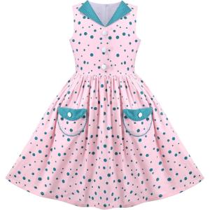 Sunny Fashion Girls Dress Blue Polka Dot Pocket Pleated Summer Sleeveless Cotton(Light Pink)
