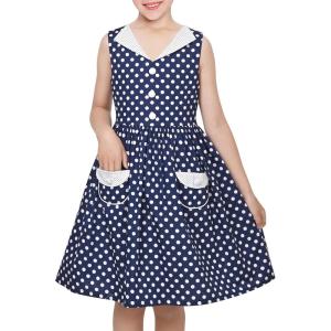 Sunny Fashion Girls Dress Blue Polka Dot Pocket Pleated Summer Sleeveless Cotton(Navy Blue Dot)