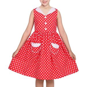 Sunny Fashion Girls Dress Blue Polka Dot Pocket Pleated Summer Sleeveless Cotton(Red Polka Dot)
