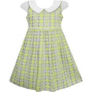 Sunny Fashion Girls Dress Bow Tie Swan Print Turn-Down Collar Green Size 4-10