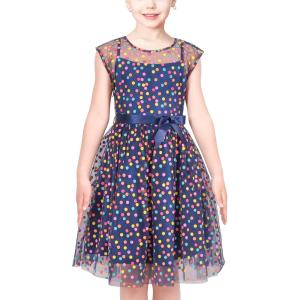 Sunny Fashion Girls Dress Caramel Star Lace Short Sleeve Pleated Collar Dress(Blue Dot)