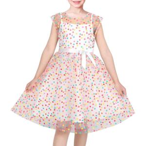 Sunny Fashion Girls Dress Caramel Star Lace Short Sleeve Pleated Collar Dress(Colorful Dot)