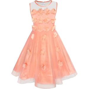 Sunny Fashion Girls Dress Caramel Star Lace Short Sleeve Pleated Collar Dress(Light Salmon)