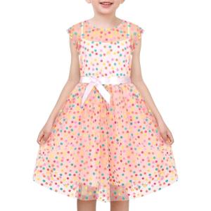 Sunny Fashion Girls Dress Caramel Star Lace Short Sleeve Pleated Collar Dress(Pink Polka Dot)