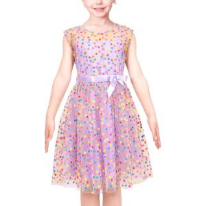 Sunny Fashion Girls Dress Caramel Star Lace Short Sleeve Pleated Collar Dress(Purple Dot)
