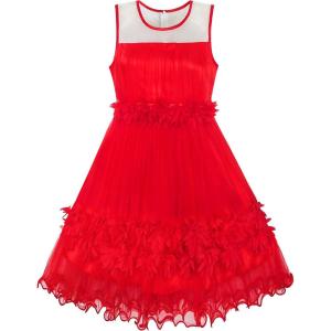 Sunny Fashion Girls Dress Caramel Star Lace Short Sleeve Pleated Collar Dress(Red)