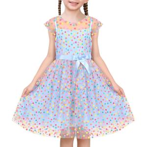 Sunny Fashion Girls Dress Caramel Star Lace Short Sleeve Pleated Collar Dress(Sky Blue)