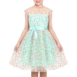Sunny Fashion Girls Dress Caramel Star Lace Short Sleeve Pleated Collar Dress(Turquoise Polka Dot)