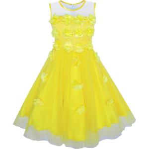 Sunny Fashion Girls Dress Caramel Star Lace Short Sleeve Pleated Collar Dress(Yellow)