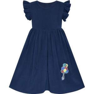 Sunny Fashion Girls Dress Casual Cotton Flying Sleeve Balloon(Navy Blue)