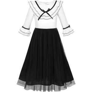 Sunny Fashion Girls Dress Chiffon Elbow-Length Sleeve Black White Size 6-12