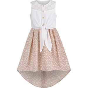 Sunny Fashion Girls Dress Chiffon Floral High-Low Tie Waist Party Princess(Beige)