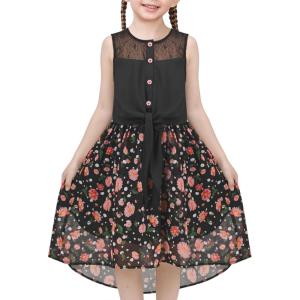 Sunny Fashion Girls Dress Chiffon Floral High-Low Tie Waist Party Princess(Black Floral)