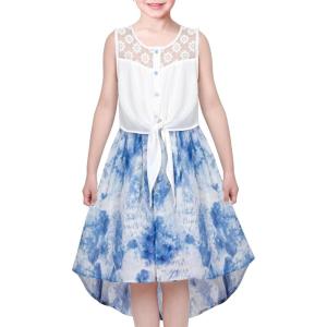 Sunny Fashion Girls Dress Chiffon Floral High-Low Tie Waist Party Princess(Blue)
