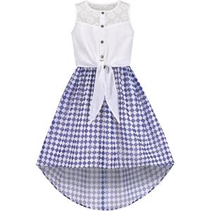 Sunny Fashion Girls Dress Chiffon Floral High-Low Tie Waist Party Princess(Blue Plaid)
