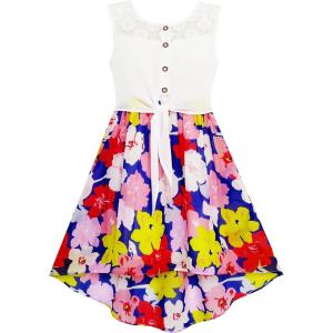 Sunny Fashion Girls Dress Chiffon Floral High-Low Tie Waist Party Princess(Multi-color)