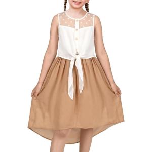 Sunny Fashion Girls Dress Chiffon Floral High-Low Tie Waist Party Princess(Pale Brown)