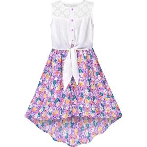 Sunny Fashion Girls Dress Chiffon Floral High-Low Tie Waist Party Princess(Purple Flower)