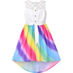 Sunny Fashion Girls Dress Chiffon Floral High-Low Tie Waist Party Princess(Rainbow)