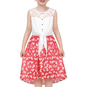 Sunny Fashion Girls Dress Chiffon Floral High-Low Tie Waist Party Princess(Red Heart)