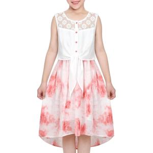 Sunny Fashion Girls Dress Chiffon Floral High-Low Tie Waist Party Princess(Red White)