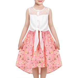Sunny Fashion Girls Dress Chiffon Floral High-Low Tie Waist Party Princess(Redish Pink)