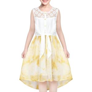 Sunny Fashion Girls Dress Chiffon Floral High-Low Tie Waist Party Princess(Yellow)