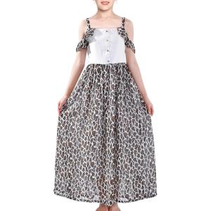 Sunny Fashion Girls Dress Chiffon Leopard Print Cold Shoulder Maxi Dress