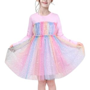 Sunny Fashion Girls Dress Daisy Embroidered Long Sleeve Purple Party Dress Smile(Pink Rainbow)