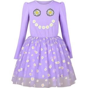 Sunny Fashion Girls Dress Daisy Embroidered Long Sleeve Purple Party Dress Smile(Purple Sunflower)