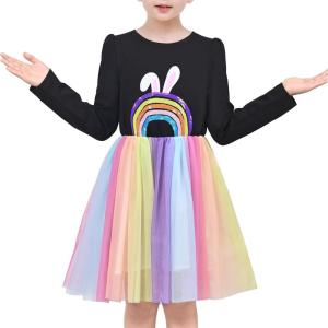 Sunny Fashion Girls Dress Daisy Embroidered Long Sleeve Purple Party Dress Smile(Rainbow Bunny)