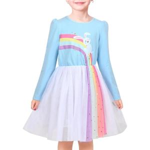 Sunny Fashion Girls Dress Daisy Embroidered Long Sleeve Purple Party Dress Smile(Rainbow Sky Blue)