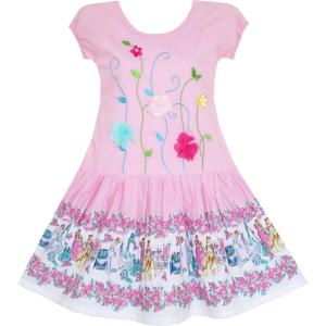 Sunny Fashion Girls Dress Embroidered Leaves Flower O-Neck Cotton Pink