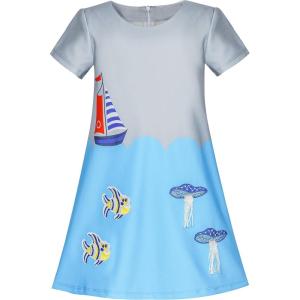 Sunny Fashion Girls Dress Gray Blue Embroidered Jellyfish Clownfish A-line Dress