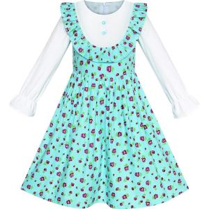 Sunny Fashion Girls Dress Pink Flower Long Sleeve Cotton Casual Dress Size 4-8(Blue)