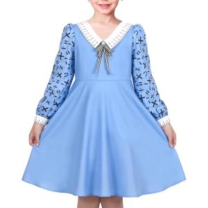 Sunny Fashion Girls Dress Pink Flower Long Sleeve Cotton Casual Dress Size 4-8(Blue Ruler Print)