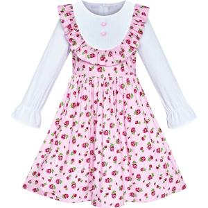 Sunny Fashion Girls Dress Pink Flower Long Sleeve Cotton Casual Dress Size 4-8(Pink)
