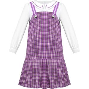 Sunny Fashion Girls Dress Pink Flower Long Sleeve Cotton Casual Dress Size 4-8(Purple Plaid)