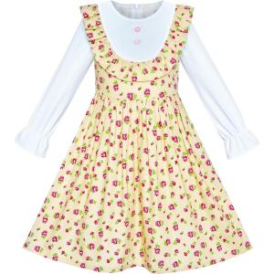 Sunny Fashion Girls Dress Pink Flower Long Sleeve Cotton Casual Dress Size 4-8(Yellow)