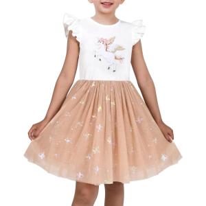 Sunny Fashion Girls Dress Pink Sequin Wedding Hi-Low Tulle Skirt Tutu Flutter Sleeve(Beige Unicorn)