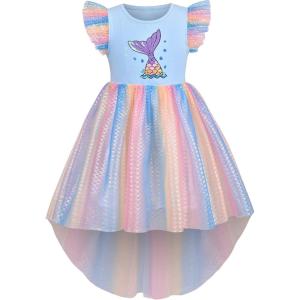 Sunny Fashion Girls Dress Pink Sequin Wedding Hi-Low Tulle Skirt Tutu Flutter Sleeve(Blue)