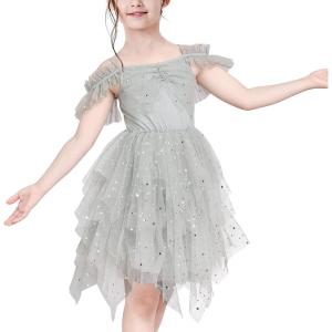 Sunny Fashion Girls Dress Pink Sequin Wedding Hi-Low Tulle Skirt Tutu Flutter Sleeve(Gray)