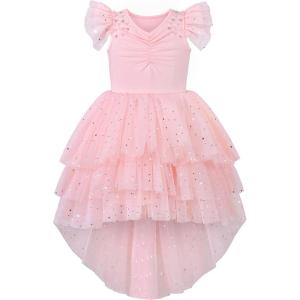 Sunny Fashion Girls Dress Pink Sequin Wedding Hi-Low Tulle Skirt Tutu Flutter Sleeve(Light Pink)