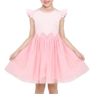 Sunny Fashion Girls Dress Pink Sequin Wedding Hi-Low Tulle Skirt Tutu Flutter Sleeve(Light Pink Striped)