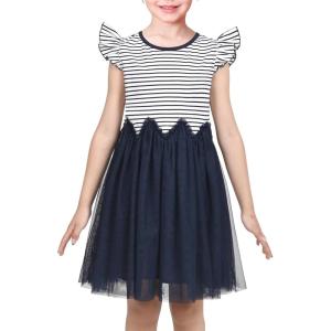 Sunny Fashion Girls Dress Pink Sequin Wedding Hi-Low Tulle Skirt Tutu Flutter Sleeve(Navy Blue Striped)