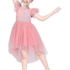 Sunny Fashion Girls Dress Pink Sequin Wedding Hi-Low Tulle Skirt Tutu Flutter Sleeve(Pink)