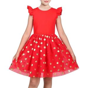 Sunny Fashion Girls Dress Pink Sequin Wedding Hi-Low Tulle Skirt Tutu Flutter Sleeve(Red Dot)