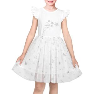 Sunny Fashion Girls Dress Pink Sequin Wedding Hi-Low Tulle Skirt Tutu Flutter Sleeve(White Star)